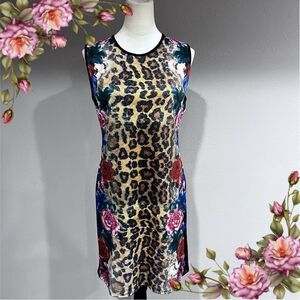 Leopard and floral print scoop neck sleeveless Bodycon dress